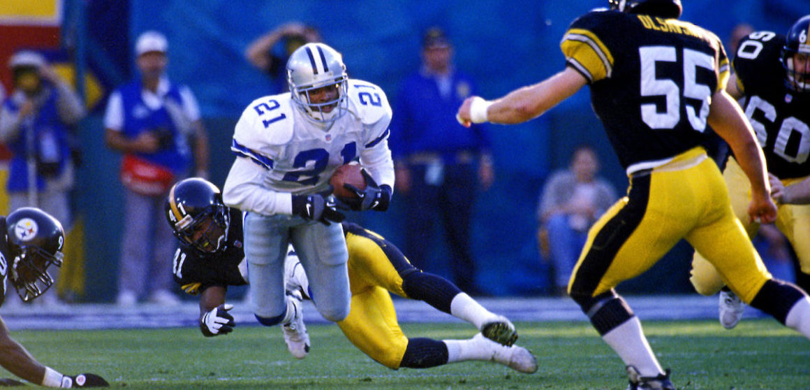 Dallas Cowboys Deion Sanders plays in Super Bowl XXX against the Pittsburgh Steelers at Sun Devil Stadium on January 28, 1996 in Tempe, AZ. The Cowboys defeated the Steelers 27-17. (AP Photo/Tom DiPace)